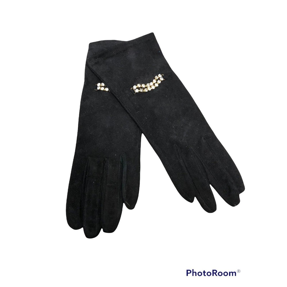 NOS The Bay Vtg Suede LEATHER Driving Gloves Black w Rhinestones DEADSTOCK Sz 7